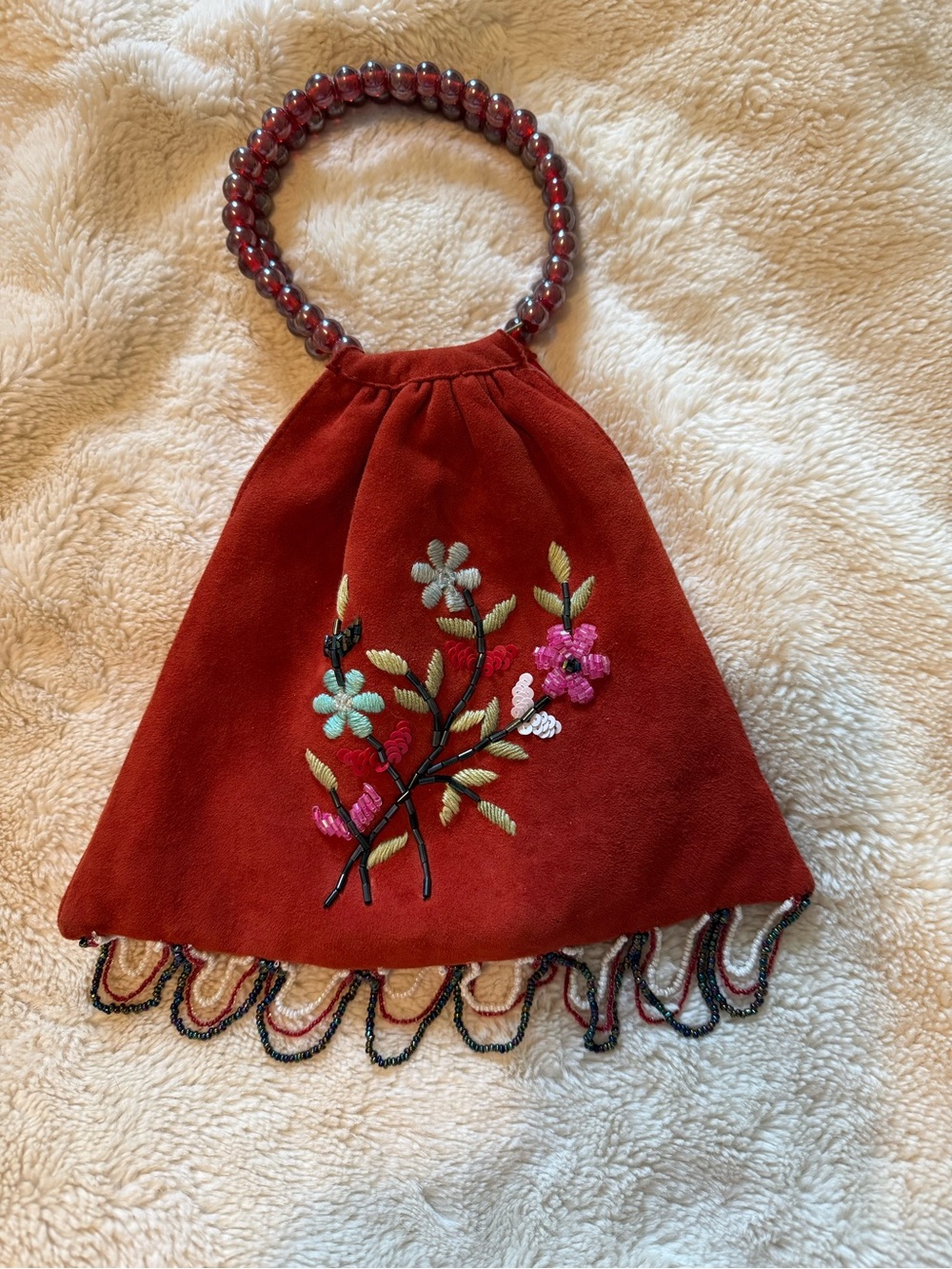 Moyna New York Boho Hand-Beaded Embroidered Rust Suede Pouch Bag Evening Purse